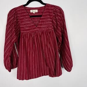 Madewell Small S Red Swingy Peasant Top in Metallic Stripe VNeck Cotton Billowy
